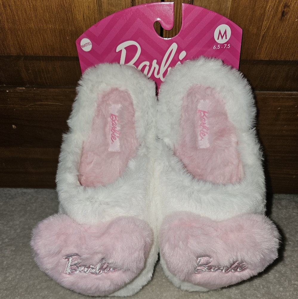 Barbie Fuzzy Slippers in White and Pink